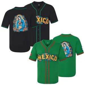 Mexico Guadalupe Embroidered Baseball Jersey,Loose Breathable Soft Comfort V-Neck Top,Stitching,Gift for Game Day