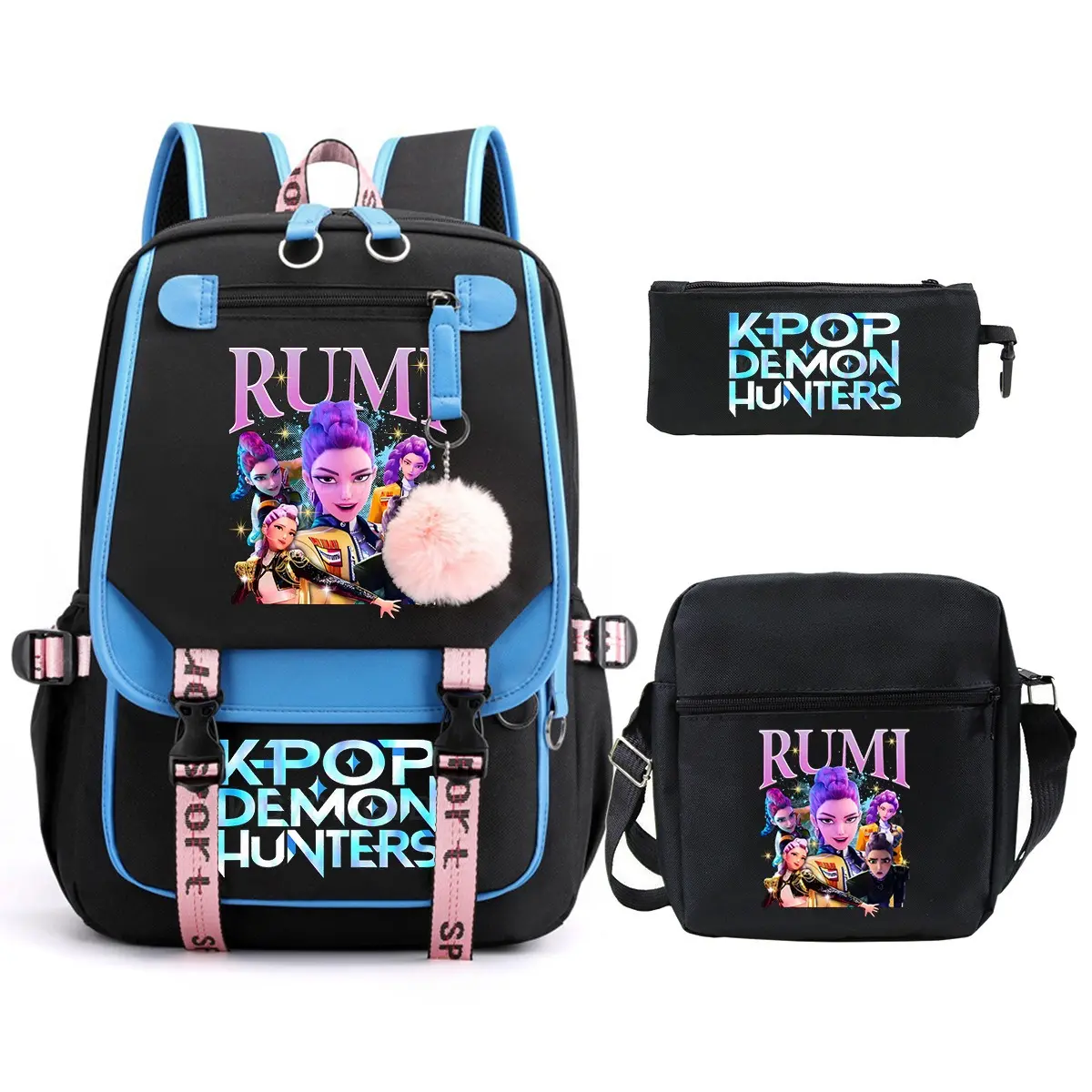 Men's Anime Figure Graphic 3-Piece Backpack Set - Adjustable Printed Ribbon Buckle Straps, Double-Side Water Bottle Pockets, Multi-Layer Storage for Casual School Travel