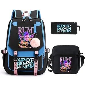 Men's Anime Figure Graphic 3-Piece Backpack Set - Adjustable Printed Ribbon Buckle Straps, Double-Side Water Bottle Pockets, Multi-Layer Storage for Casual School Travel