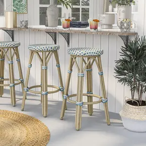 24/7 Shop At Home Seadrift Set of 2 Bohemian Aluminum and All-Weather Wicker Patio Bar Stools with Footrest for Outdoor, Kitchen Counter, Poolside, Yard