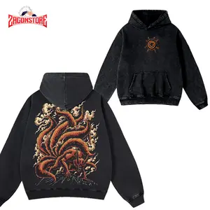 [ZagonStore] Kurama Nine Tailed Fox Naruto Shippuden Anime Vintage Wash Tees Unisex Acid Washed Hoodie Heavyweight Cotton, graphic men clothing streetwear