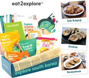 eat2explore - South Korean Cooking Kit with 3 Recipe Cards, Bulgogi Sauce, Spices & Real Tools - Kids Family Kitchen Activities - Educational Cooking Set - Builds Culinary Skills & Confidence