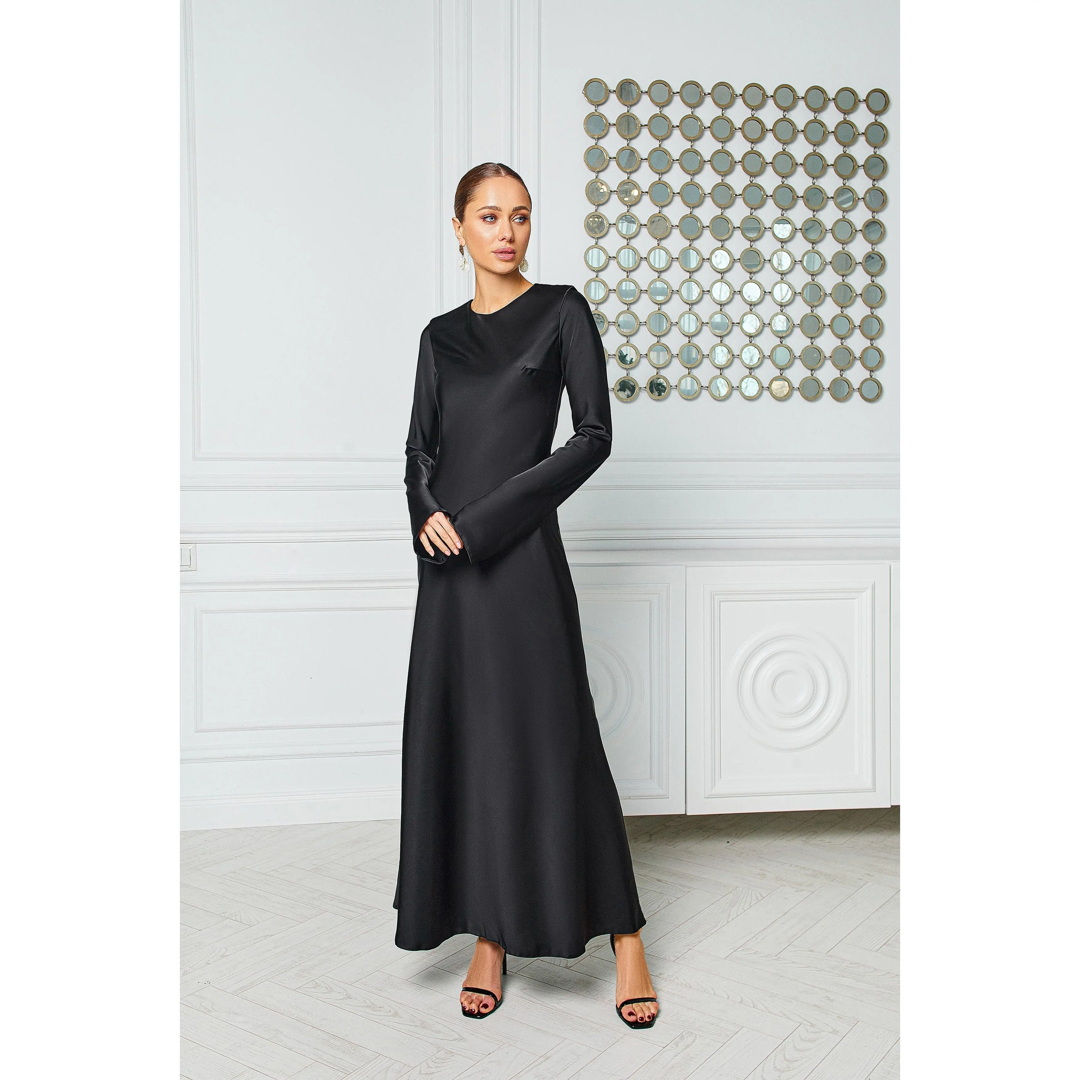 Alexa Black Satin Long Sleeve Maxi Dress