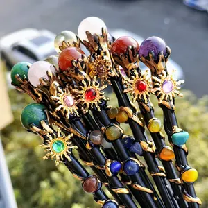 Natural Crystal Ball Amethyst Stone Magic Scepter, Fairy Lucky Tumble Stone, Decorative Witch Stick, Halloween Decorations