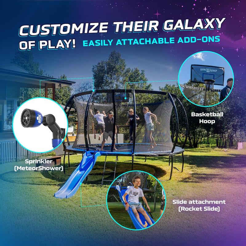 SpaceJump Lunar 16' Trampoline, Outdoor Ultimate Set with Slide, Hoop & Sprayer