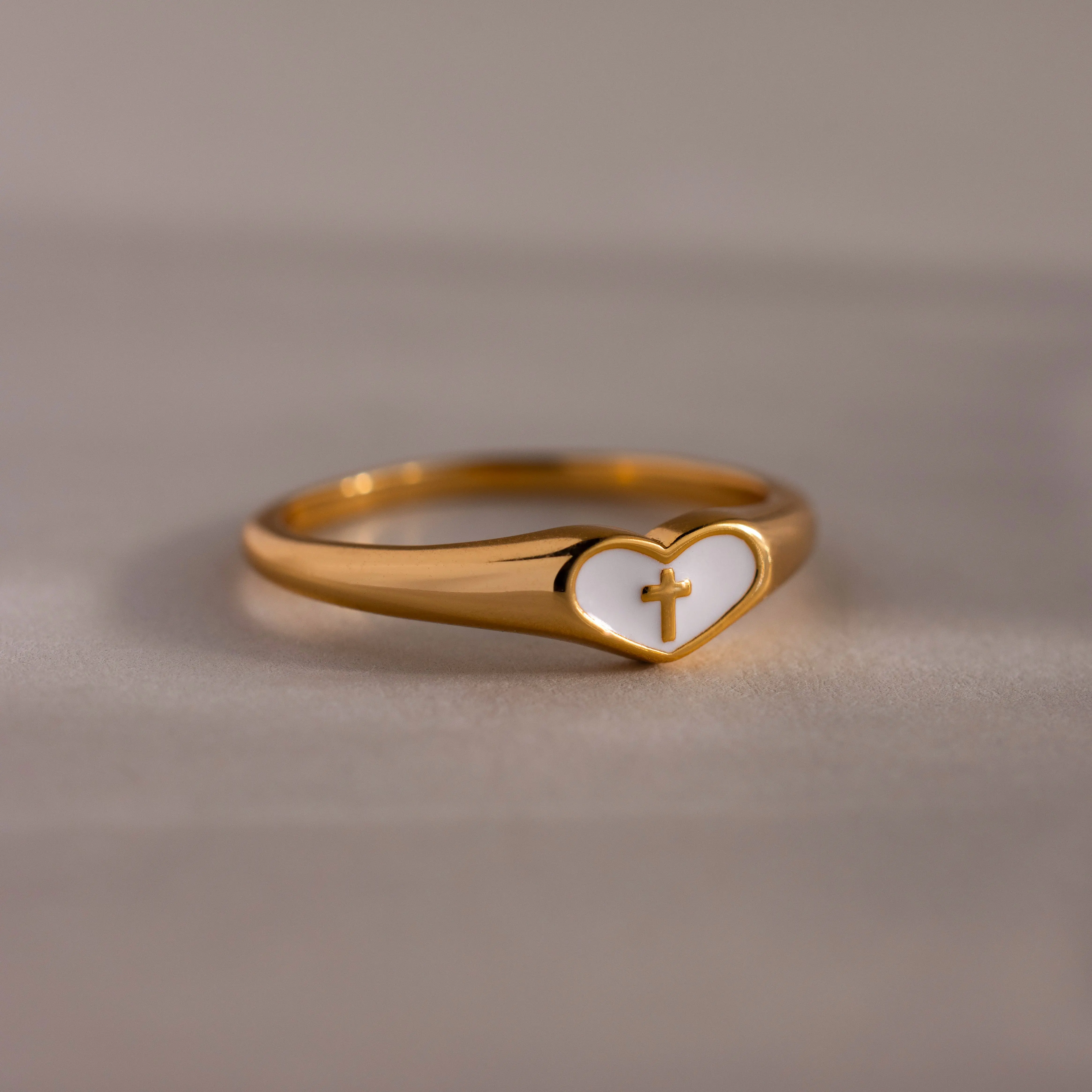 Heart Cross Ring by Caitlyn Minimalist - White Enamel Heart Signet Ring - 18K Gold Plated Cross Stacking Band - Christian Jewelry - Gift for Daughter