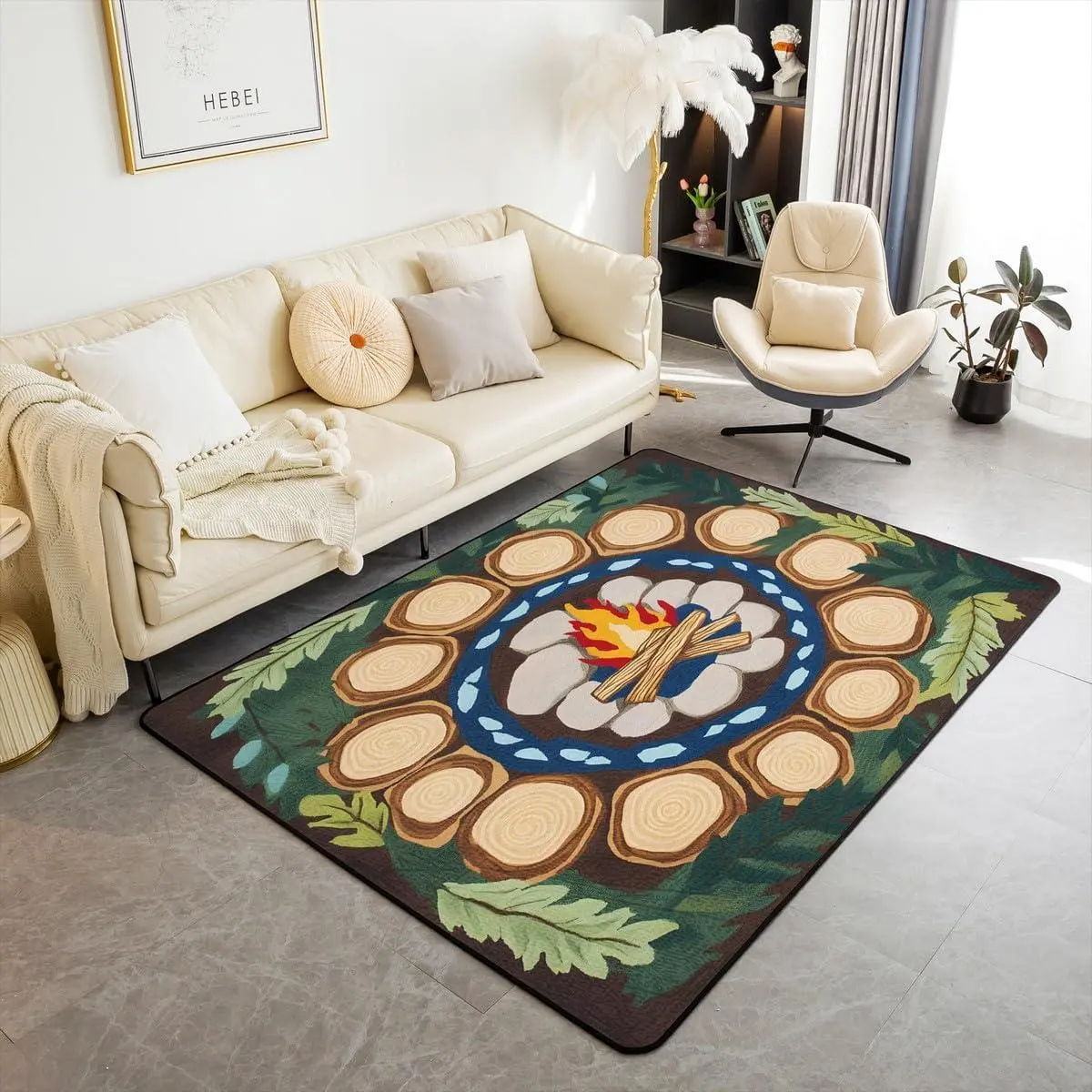 Campfire Fun Living Room Rugs Tree Stump Area Rug for Kids Boys Girls Woodland Tree Themed Decorative Carpet Campsite Summer Indoor Floor Mat Green Classroom Rug