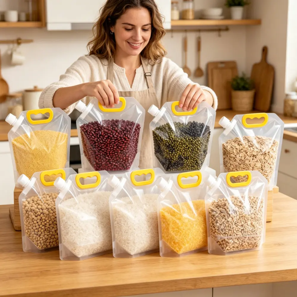 12pcs Reusable Grain Storage Bags with Handle - Stand-Up Transparent Sealed Pouches with Spout, Moisture-Proof Camping Picnic Food Organizers for Rice Beans Cereals, Kitchen Pantry Refrigerator Use
