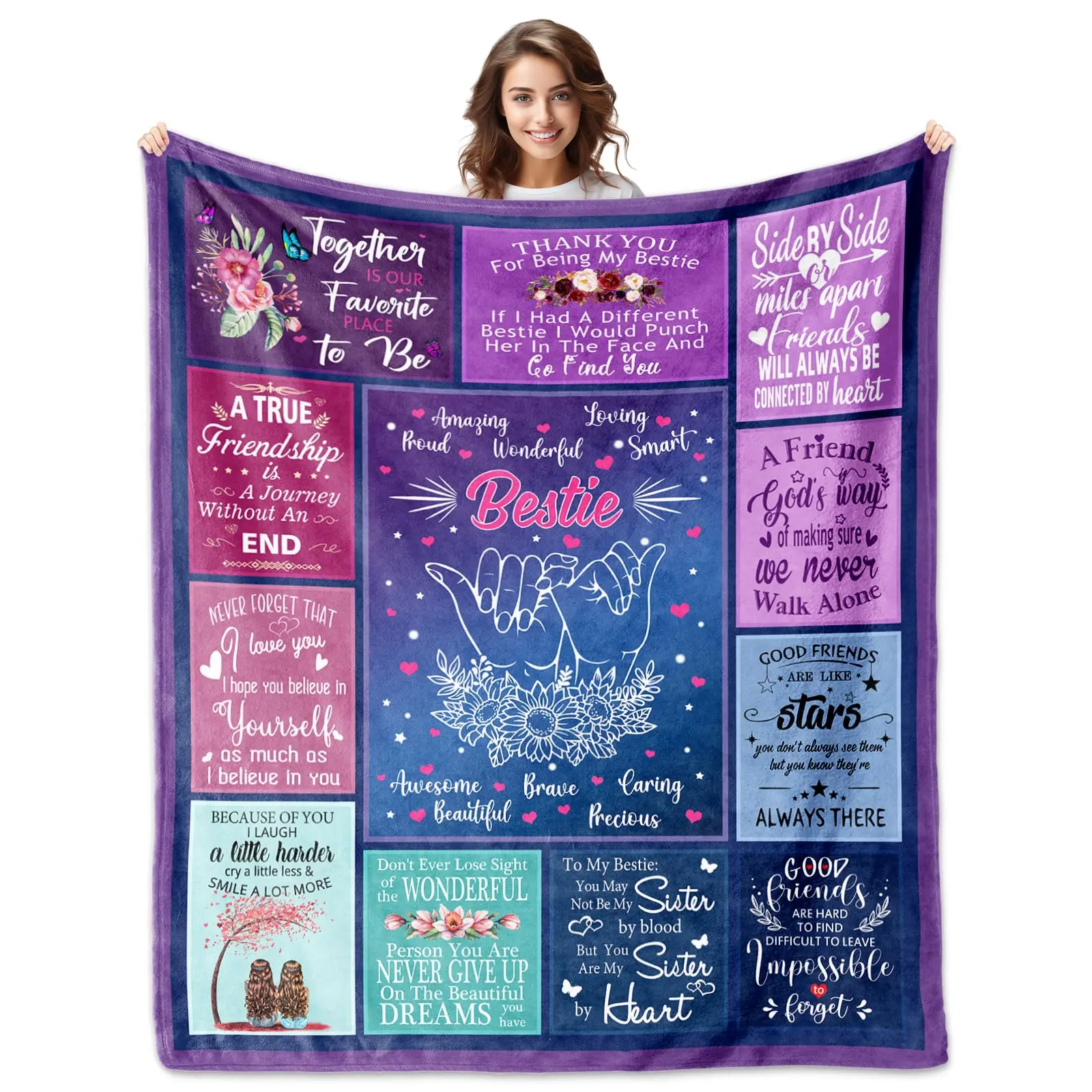 100% Polyester Bestie Throw Blanket, 60x50in, Women's Long Distance Friendship Gift for Christmas, Thanksgiving, Wedding, Letters-Included Gift for Grandparents