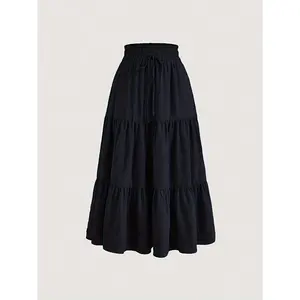 [Maxi Ruffled High-Waisted Skirt] High-Waisted Maxi Skirt With Ruffled Hem, Polyester Blend, Casual Spring/Summer/Autumn Fashion, Machine Washable