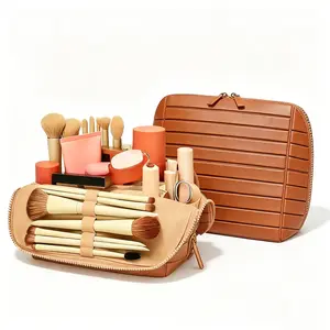 Foldable makeup bag, waterproof leather travel storage pouch, toiletry bag, large-capacity travel organizer, multi-compartment makeup bag, durable material, striped design, suitable for home and travel, upright stand, medium-size parallel makeup bag, make