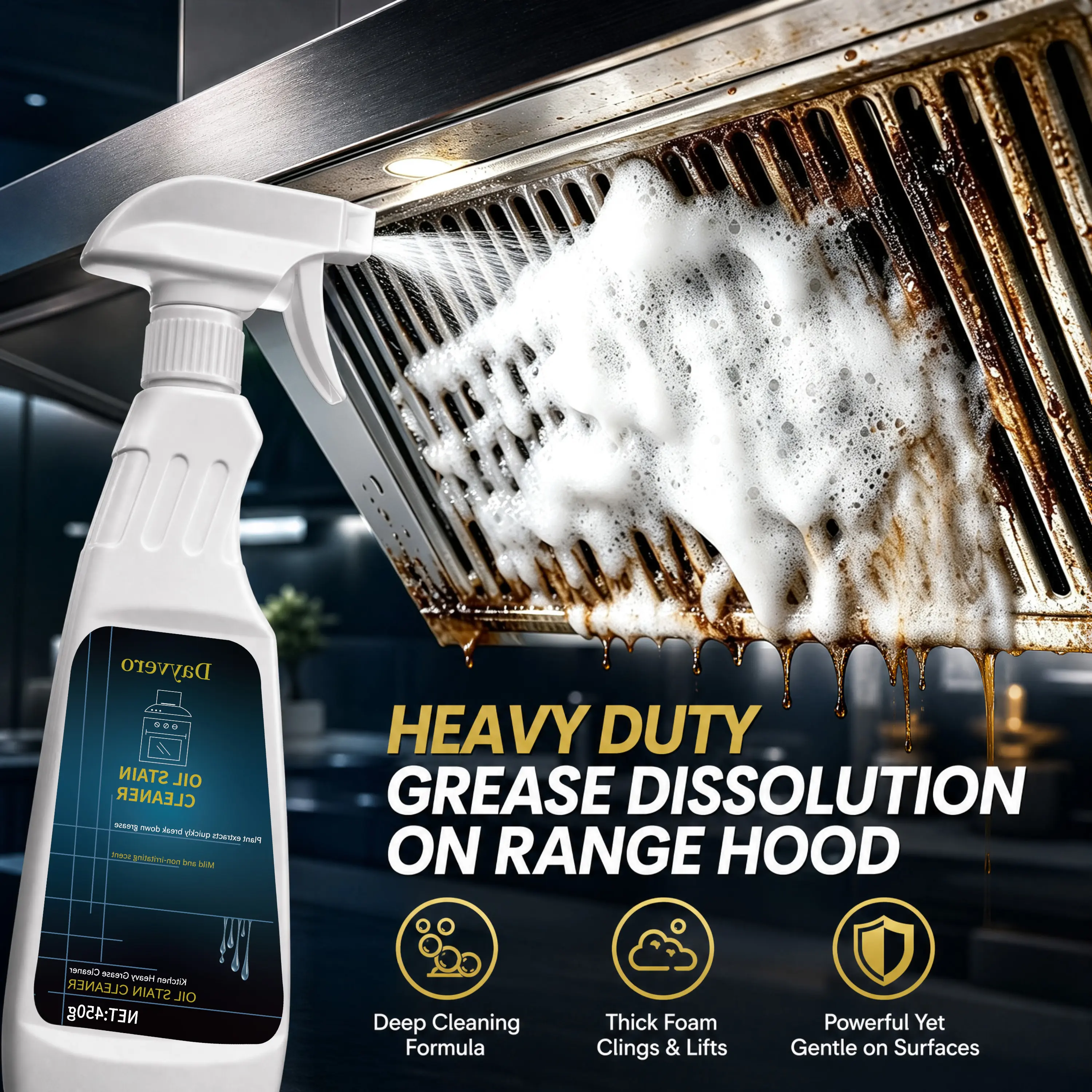 Kitchen Oil Stain Cleaner, Heavy Duty Fast-Acting Degreaser Liquid, Multi-Surface All-Purpose Grease Remover for Stove Range Hood Countertop, Fresh Scent, 450g Remover Tool kitchen cleaners
