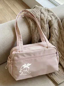 Stylish Black Shoulder Bag with Zippered Compartments - Rectangular Padded Design, Durable Fabric, Long Handle, Embroidered Palm Tree Logo "Summer" - Perfect for Everyday Carry and Light Travel