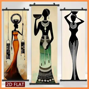 3 Pcs African Silhouette HD Print Plastic Scroll Printings, Traditional Clothing & Texture Wall Hanging Canvas, Living Room Bedroom Decor