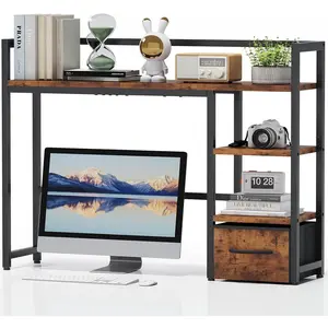 40" Desk Shelf with Drawer, Wooden Desk Hutch for Computer Monitor, Desktop Bookshelf Storage Rack for Home Office Dorm - Dark Brown