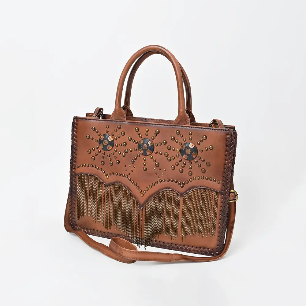 American Darling Western Leather Tote Bag Vintage Studded Fringe Satchel Handbag Crossbody Purse for Women Brown