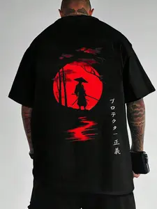 Men's Regular Fit Samurai Graphic Print Round Neck Tee, Casual Short Sleeve T-shirt for Daily Wear, Men's Top for All Seasons