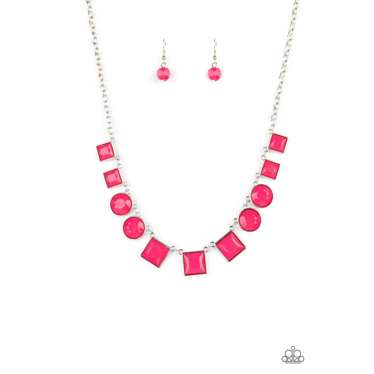 Unisex Beaded Statement Jewelry Matching Set - Bright Geometric Raspberry Sorbet Beads, Necklace, Earrings, Adjustable Clasp, Daily Casual Fashion Accessory, Matching Sets, Bright Geometric Beads