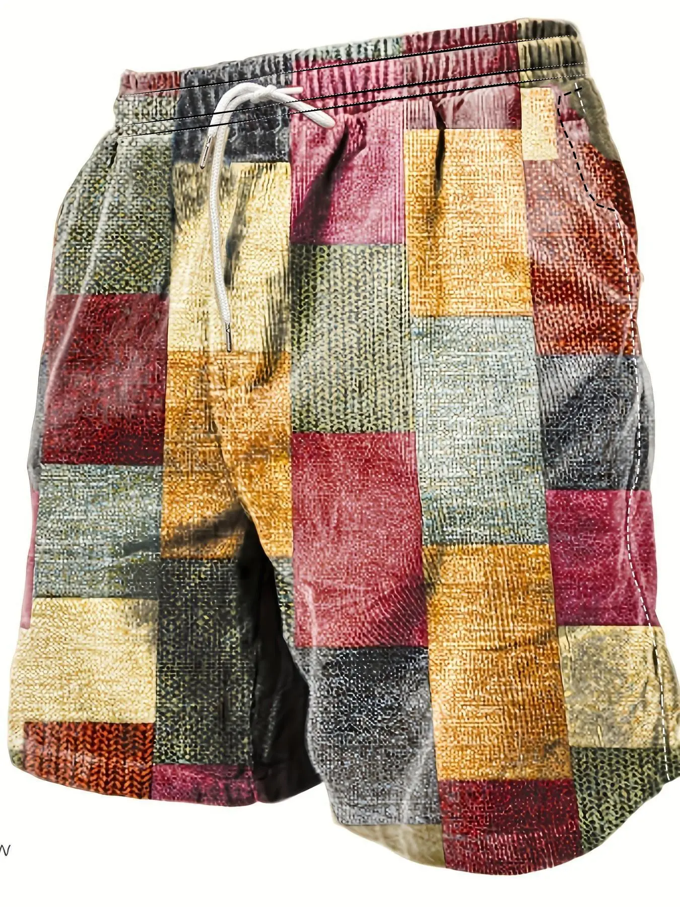 Men's Fashion 3D Color Block Plaid Print Beach Shorts, Drawstring Shorts, Lightweight, Comfortable, and Versatile Men's Shorts, Casual Bottoms, Suitable for Summer Vacations, Beach Activities, Surfing, etc., Summer Clothing