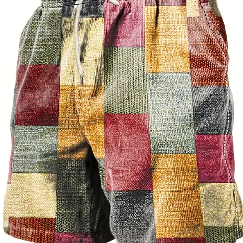 Men's Fashion 3D Color Block Plaid Print Beach Shorts, Drawstring Shorts, Lightweight, Comfortable, and Versatile Men's Shorts, Casual Bottoms, Suitable for Summer Vacations, Beach Activities, Surfing, etc., Summer Clothing