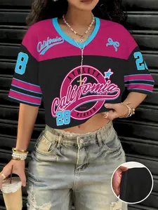 Vintage 28 California Athlete Print Women's Short Jersey, Blue Stripes, V-Neck Sporty Top, Loose-Fitting, No Zipper or Button