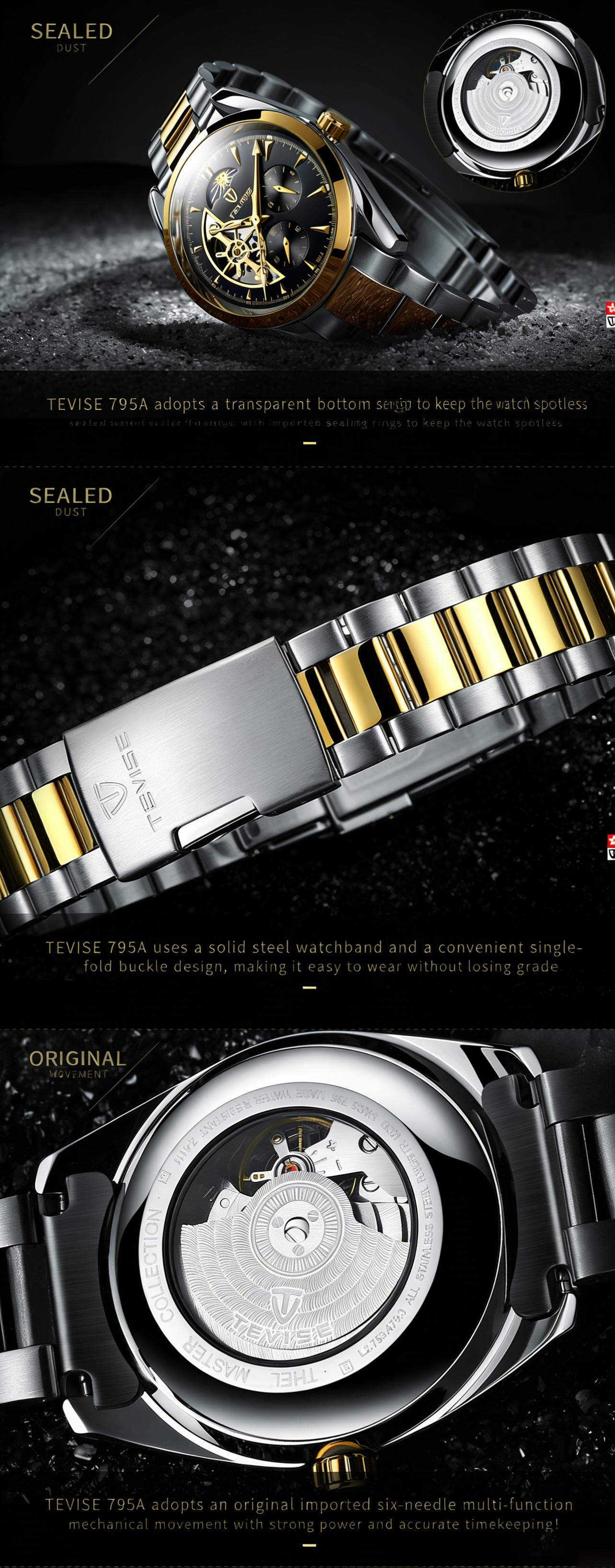 Luxury Men's Skeleton Watch, Moon Phase, Automatic Movement, Business Stainless Steel Wristwatch