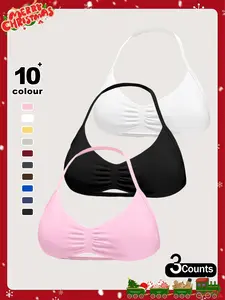 3-Pack Women's Solid Color Yoga Set, High Elasticity Nylon Halter Backless Fitness Bra, Body Shaping Comfortable Underwear