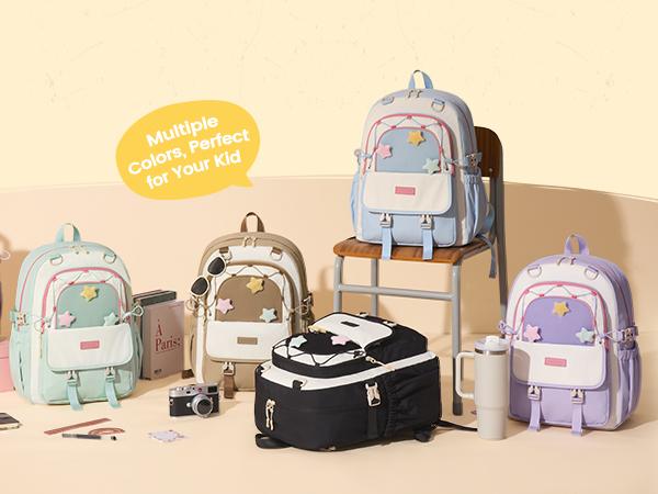 LOVEVOOK School Backpack for Teen Girls, Cute Lightweight Bookbag with Star Charm, Large Capacity Backpack Fits 15.6 Inch Laptop, Water Bottle Holder, Gift for Kids & Students