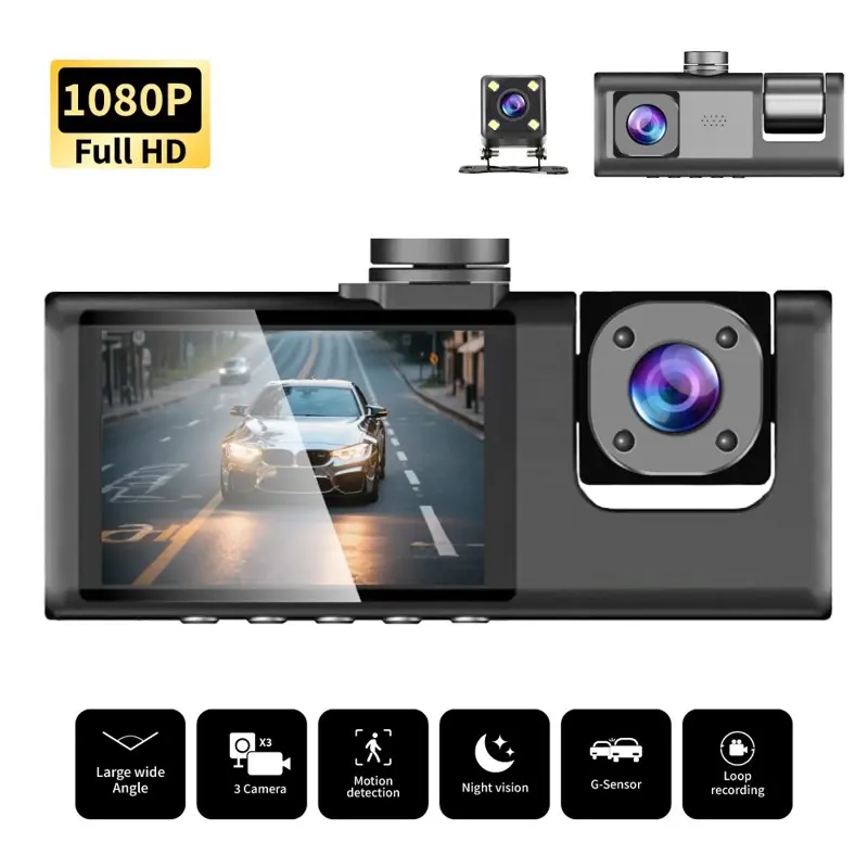 3 Channel Dash Cam for Cars - 1080P Full HD Front Inside Rear View Camera, Night Vision, Loop Recording, G-Sensor, Motion Detection