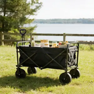 Heavy Duty Collapsible Wagon Cart, 360 lbs Utility Foldable Wagon with Adjustable Handle, Removable Waterproof Fabric, Portable Folding Cart for Groceries, Beach, Camping – Black