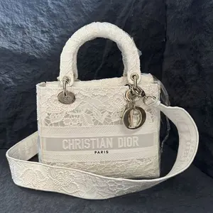 Pre-owned Dior Authentic Lady D Lite White Lace Beaded Embroidery Wide Strap Top Handle Crossbody Handbag