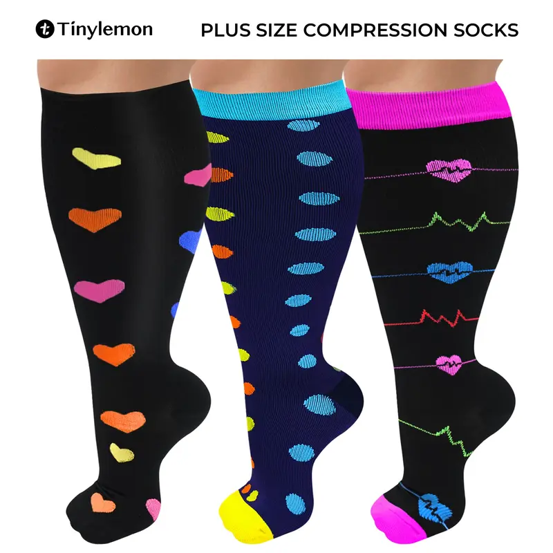 Tinylemon 3 Packs Plus Size Compression Knee High Sports Socks for Women and Men Wide Calf Stockings Breathable
