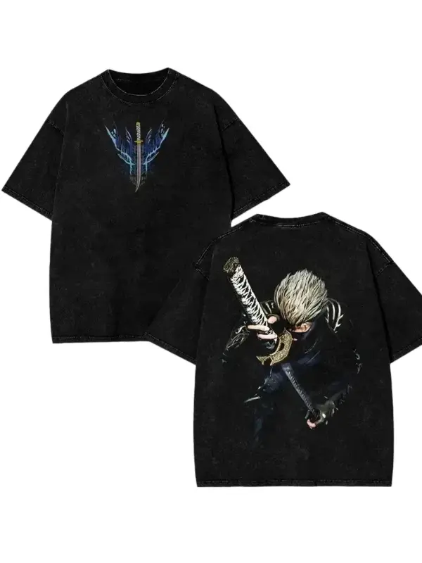 Devil May Cry Vergil Classic Gaming Graphic T Shirt Acid Wash Oversized Vintage Heavyweight Cotton Tee Dark Fantasy Streetwear Y2K Gym Pump Cover Hack And Slash Japanese Gamer Apparel Loose Fit Casual Summer Top Men Women Trendy Fits Black Clothes Menswea