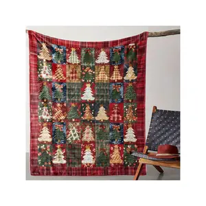 Cozy Festive Patchwork Christmas Tree Quilted Throw Blanket with Red Plaid Accents