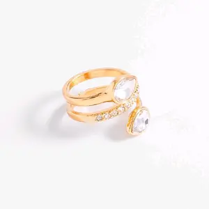 Adjustable 4 Layers 18k Gold-Plated Ring with Teardrop-Cut Crystal Stones and Micro-Zircons Women's Size 7 Double-Band Design Modern Sophisticated Style