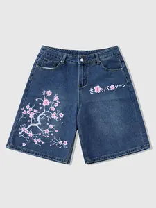 Men's Casual Denim Shorts, Sakura Graphic Print, Loose Fit Five-Quarter Pants with Pockets, Versatile Style, Summer Wear