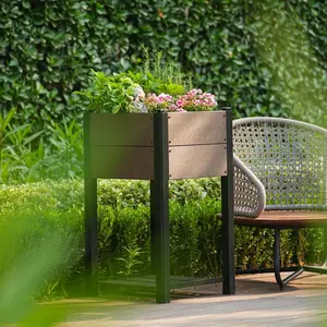 Garvee 19" L x 33" H HDPE Elevated Garden Bed with Storage Shelf, Wood Grain Finish, All-Weather Standing Planter Box with Sturdy Black Aluminum Frame for Growing Vegetables and Herbs on Patio, Balcony, and Outdoors