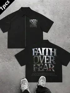 Men's Metal Embossed Letter Print Shirt, Summer Street Style Loose Fit Zipper Short Sleeve Top, Unisex Fashion Casual Wear, Streetwear