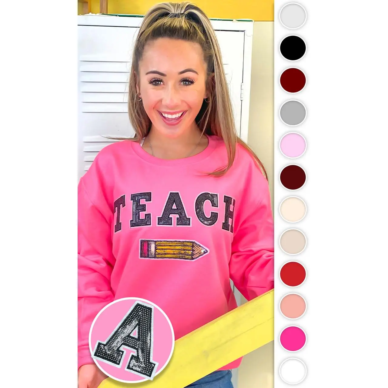 Tees2urdoor Women's Long Sleeve Hoodie Sweatshirt - 1-Piece Fitted Soft 60% Cotton 40% Polyester Round Neck Casual Pullover, Lightweight Foldable Medium Length with Shimmer Pencil Sequin Graphic for Teachers