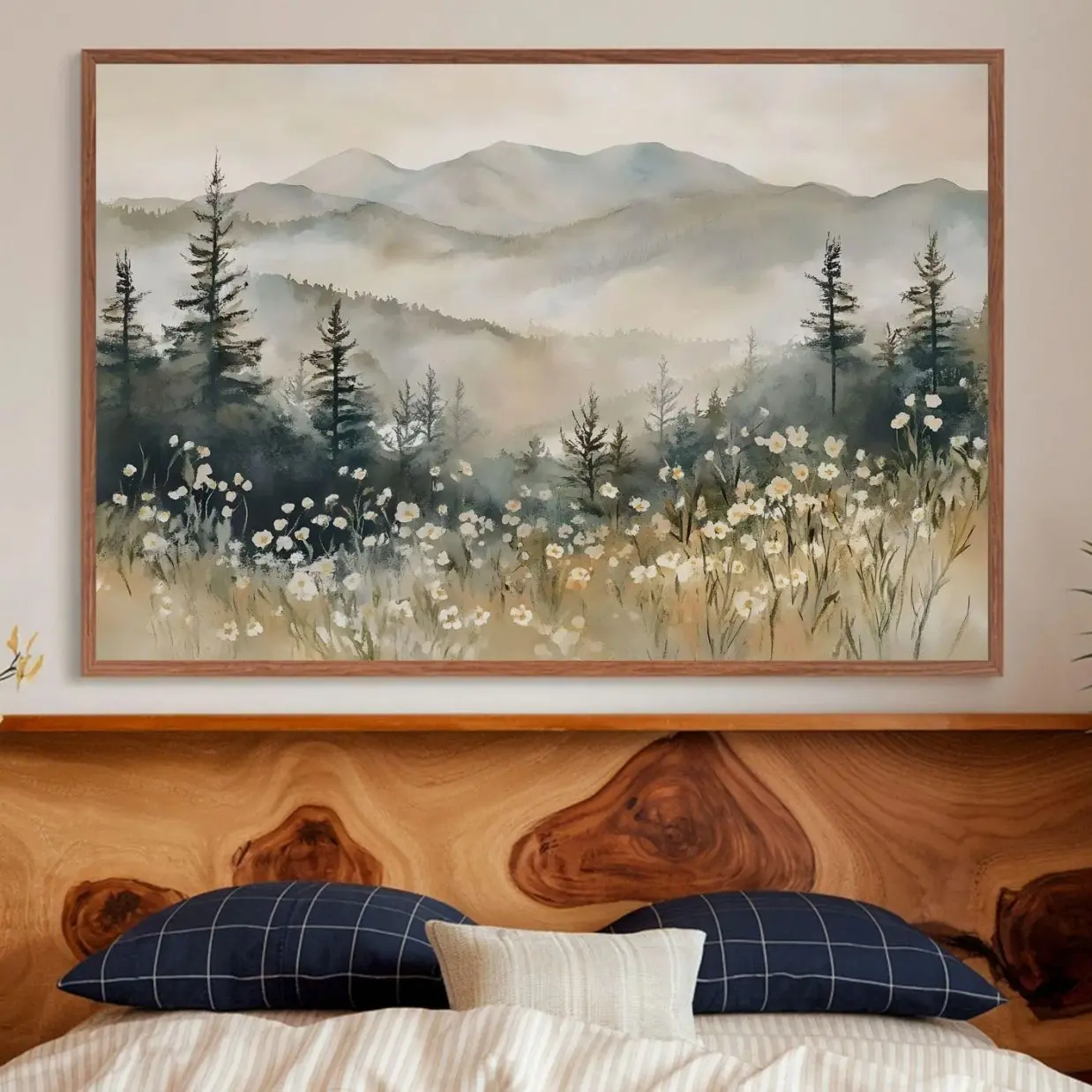 Mountain Wildflower Landscape Printable, White Flower Meadow Wall Art, Boho Spring Decor R