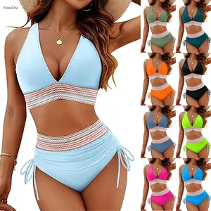 Tulle lace-up two-piece swimsuit, women's high-waisted bikini, vacation beachwear