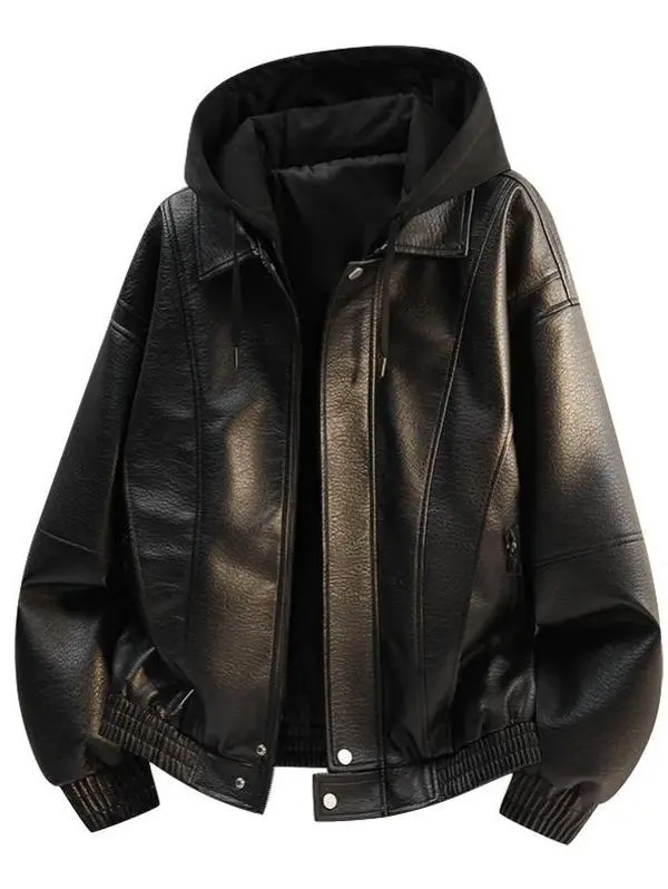 Men’s casual retro faux leather hooded motorcycle jacket; men’s hooded faux leather moto jacket; zip-up ribbed hem bomber jacket; vintage street-style hooded faux leather motorcycle jacket