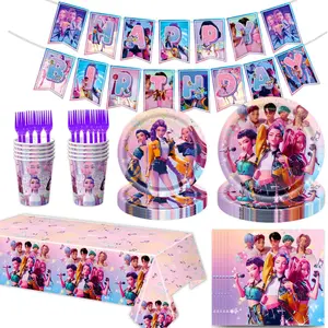 K-Pop Devil hunter7-piece birthday party decorating tableware set, disposable decorating set, includes banner, plates, cups, napkins, and tablecloth.