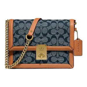COACH Hutton Jacquard Print Chain Canvas and Leather Crossbody Bag for Women in Denim Blue and Brown