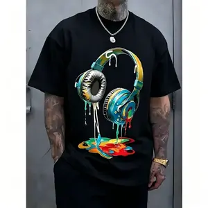 Men's Navy Blue Graphic Tee With Vibrant Headphone Print - 220g Thick Cotton, Casual & , Short Sleeve Crew Neck T-Shirt, Machine Washable For Summer Fashion, Street Fashion Tee |     Graphic Print Shirt |     Durable Casualwear