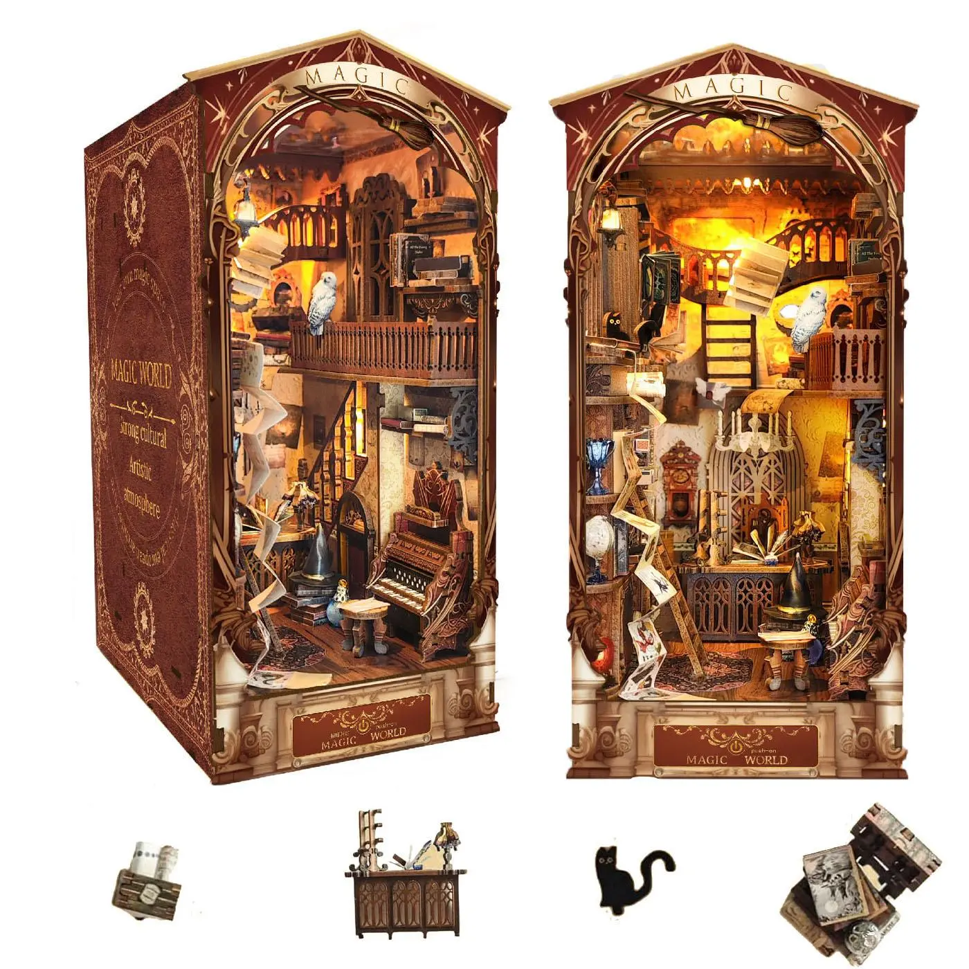 Magic World Book Nook with LED Light, Handmade Assembled DIY Miniature House, Wooden House Kit Adults, DIY Building Model, 3D Model Book Stand for Bookshelf Decor, Desktop Model Toy Gifts for Family and Friends
