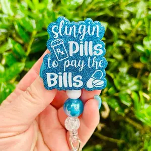 Slingin’ Pills To Pay The Bills Retractable Badge Reel - Teal and White Design with Velcro Attachment for ID Display