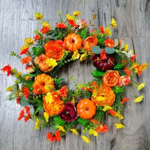 1pc Lightweight Non-Woven Fall Pumpkin Door Wreath - Artificial Country Rustic Farmhouse Ornament, Wall & Front Door Autumn Harvest Decor, Large Outdoor Halloween Gift Backdrop