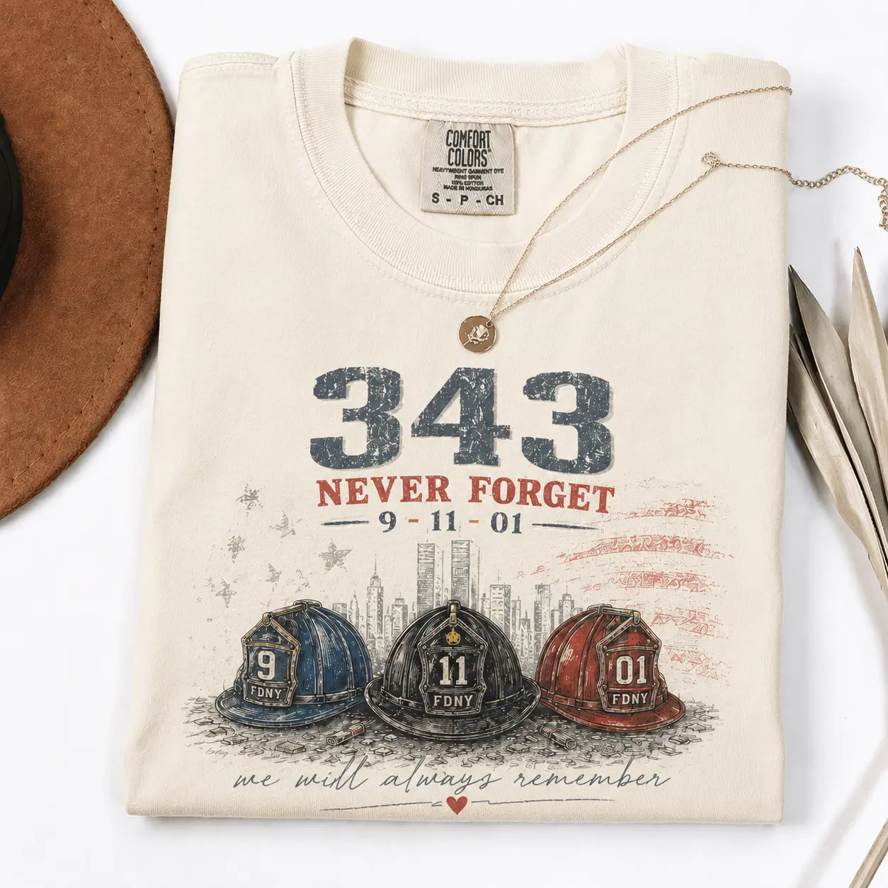 343 Never Forget Comfort Colors T Shirt, 9/11 Memorial Firefighter Graphic Tee, FDNY Tribute Shirt, First Responder Remembrance Gift for Men and Women