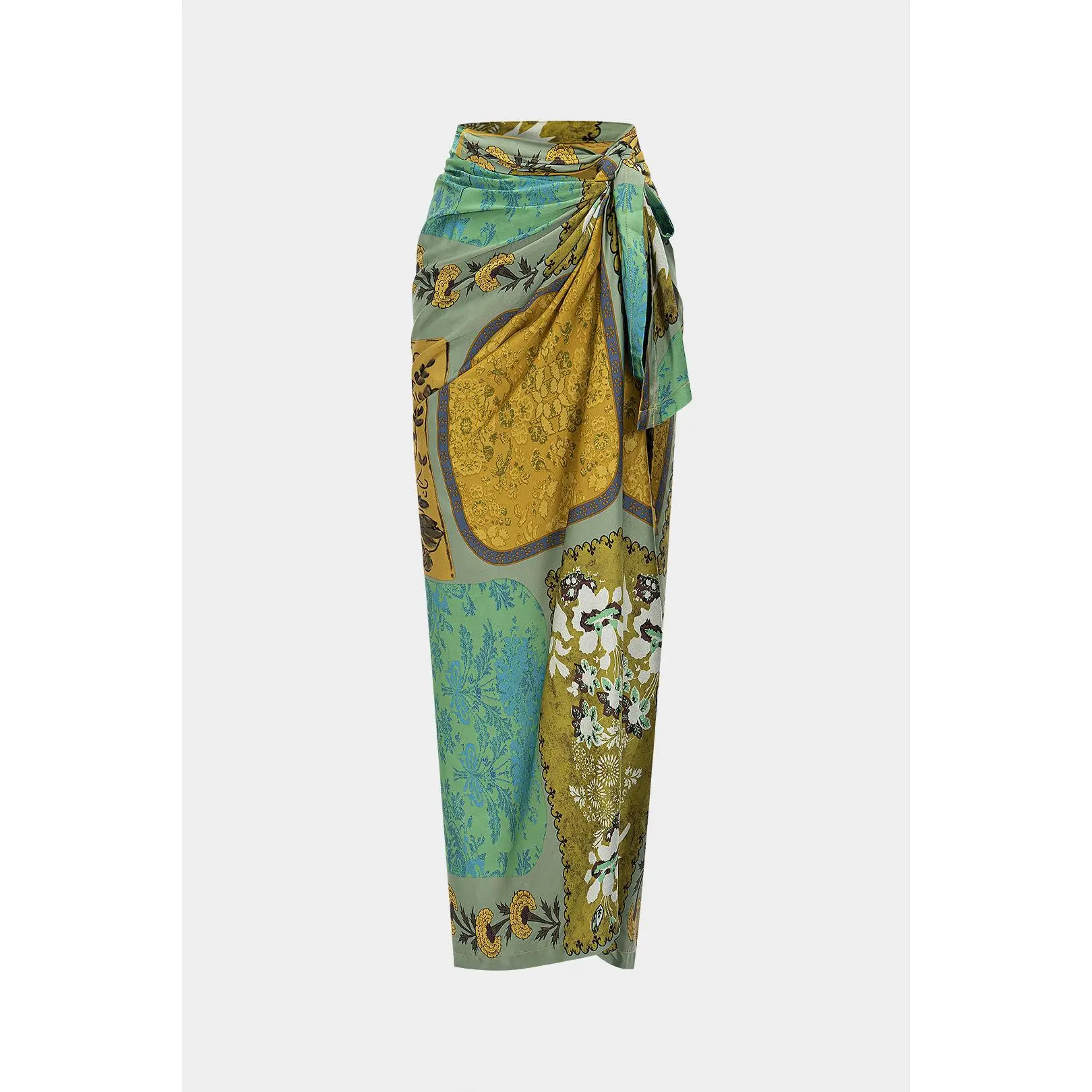 Retro Print Satin Tie Front Skirt